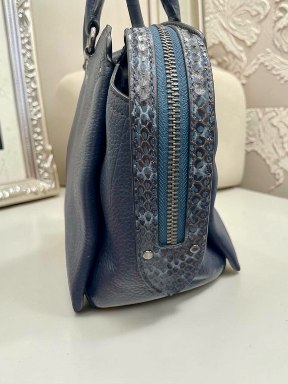 *SOLD* COACH Drew Satchel Navy Snakeskin Detail Top Handle Bag Crossbody - Picture 2 of 11